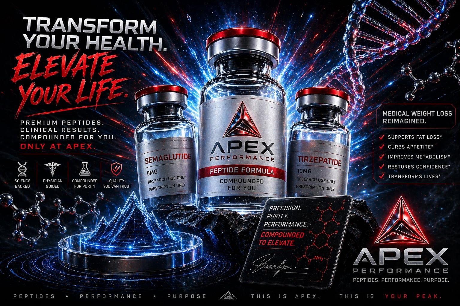 Apex Performance Peptides — Semaglutide, Tirzepatide, and the proprietary Apex Peptide Formula. Compounded to elevate.