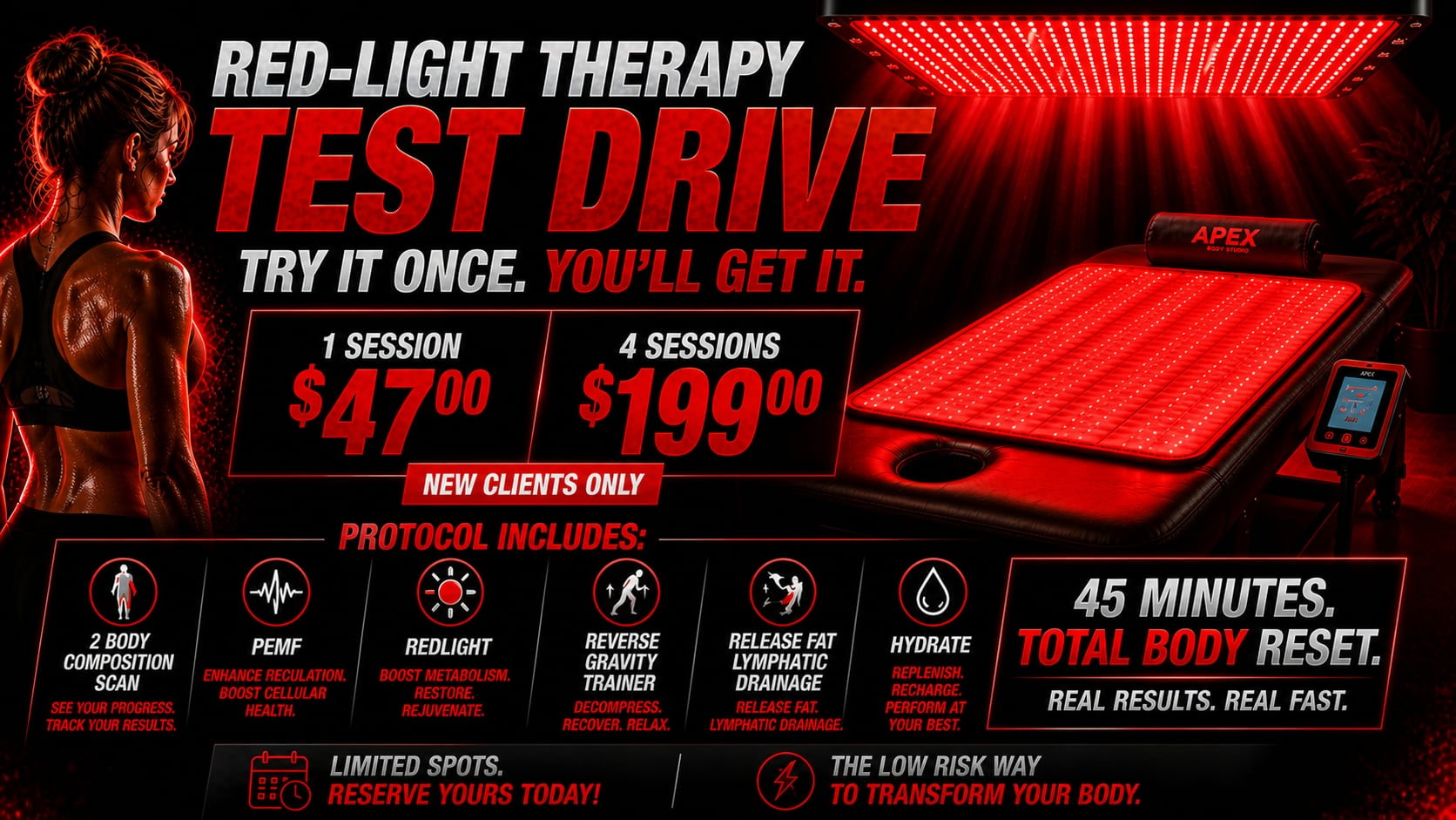 Red-light therapy test drive — 1 session $47, 4 sessions $199